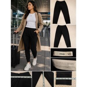 MNG Mango Women L Black Tapered Jogger Pants Cotton Blend Ribbed Cuff Sweatpants
